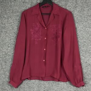 VTG 80s Blouse Womens XL Hermosa Embroidered Red Scolloped Trim L/SLV Dressy